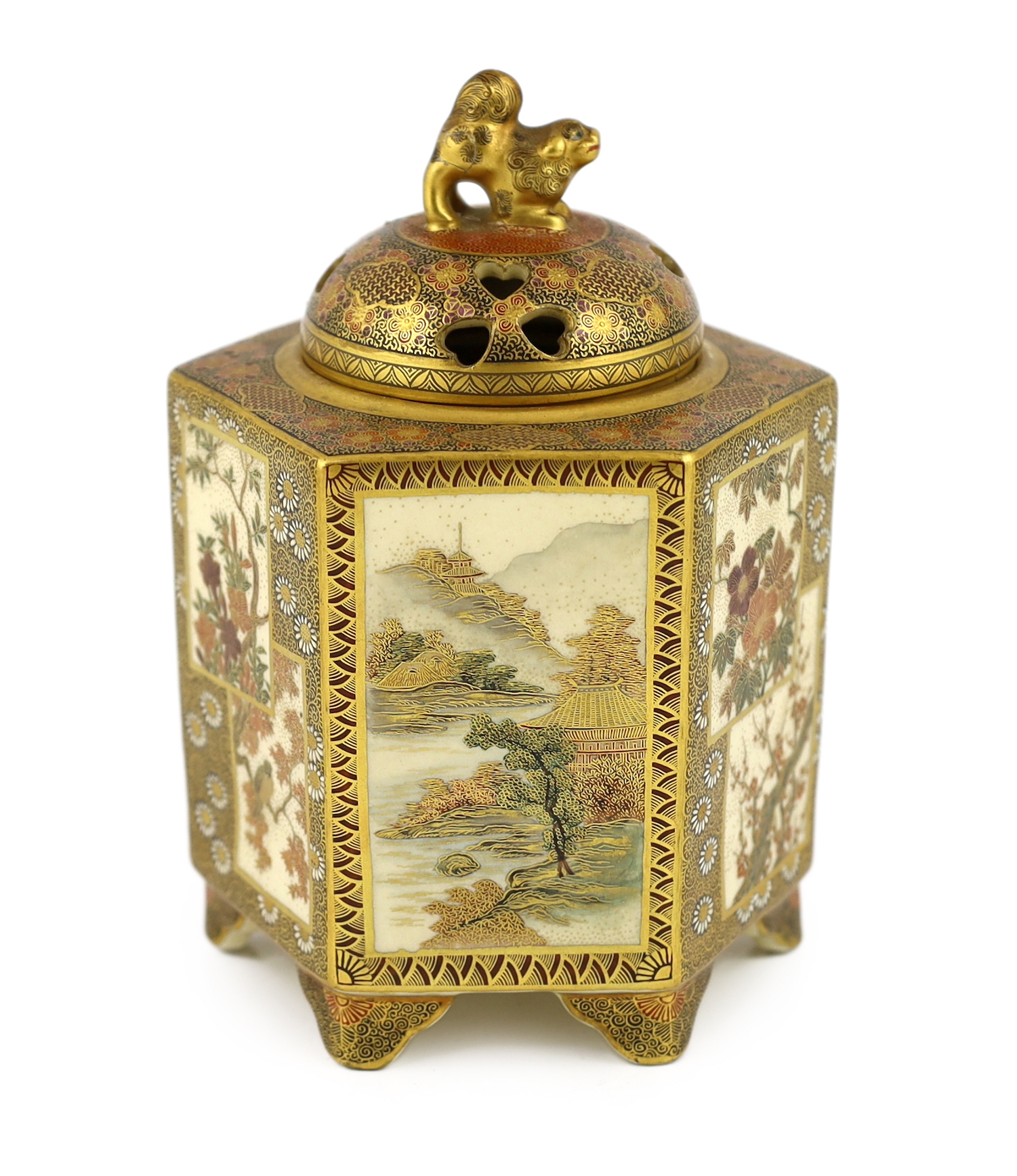 A Japanese Satsuma hexagonal koro and cover, by Kinkozan, Meiji period